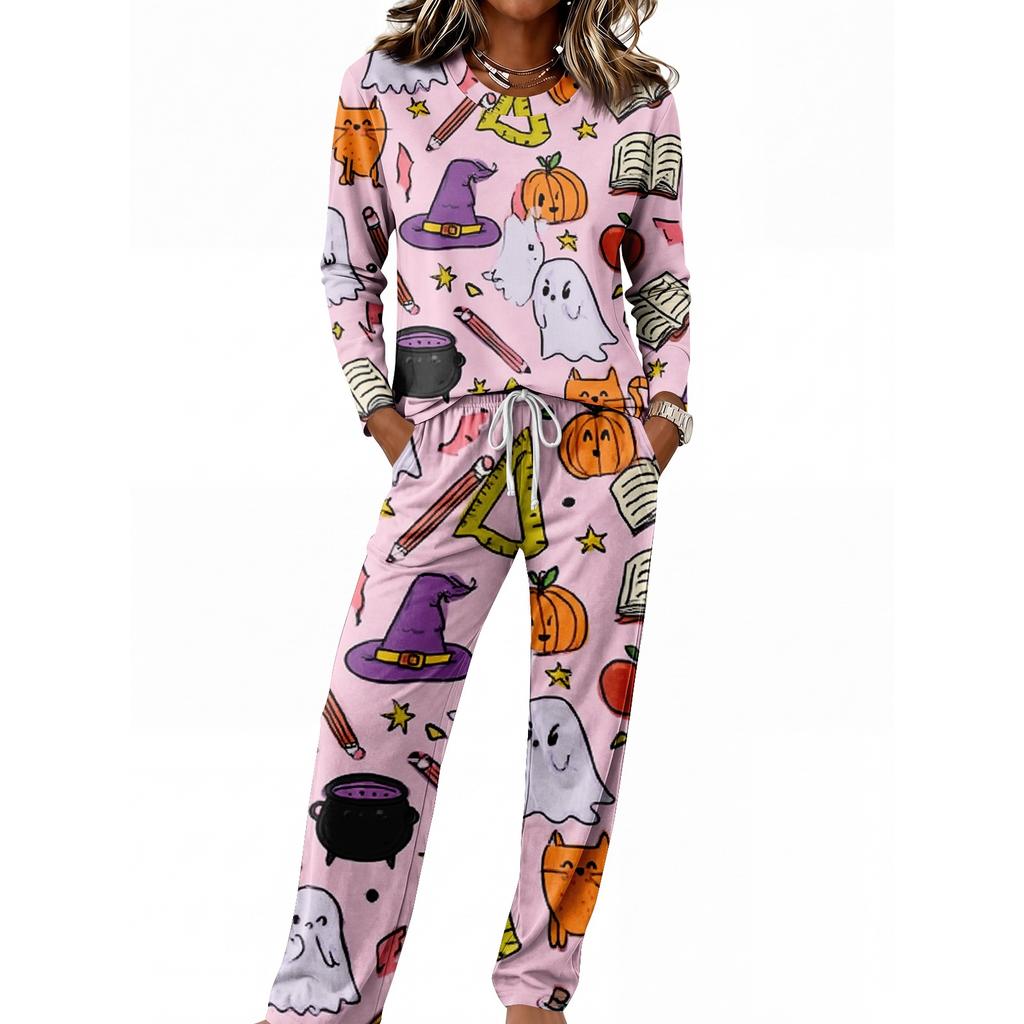 Women's Casual Pajama Set with Long Sleeve Round Neck and Drawstring Wide Leg Pants for Sleep and