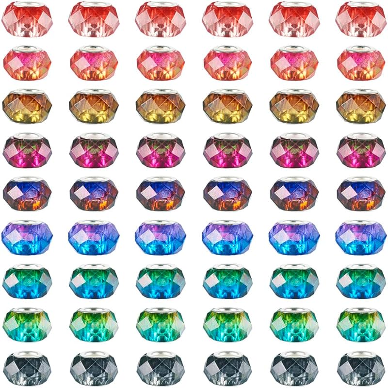 KISSITTY 66Pcs Assortment European Resin Beads Glitter Large Hole Bead Mixed Colors Platinum Cores Rondelle Mixed Color Spacer Beads for Jewelry