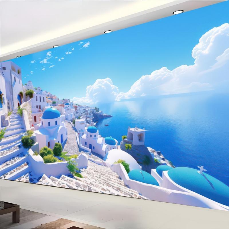 Santorini Coast Aegean Sea Scenery Wall Tapestry for Living Room Bedroom Homestay Atmosphere Polyester Fiber Wall Hanging Decor 100X70CM