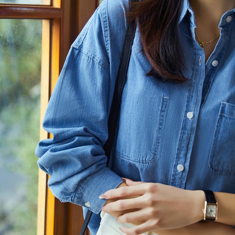 

Versatile Denim Shirt Women s Retro Style Solid Color Blue Shirt Small Top M