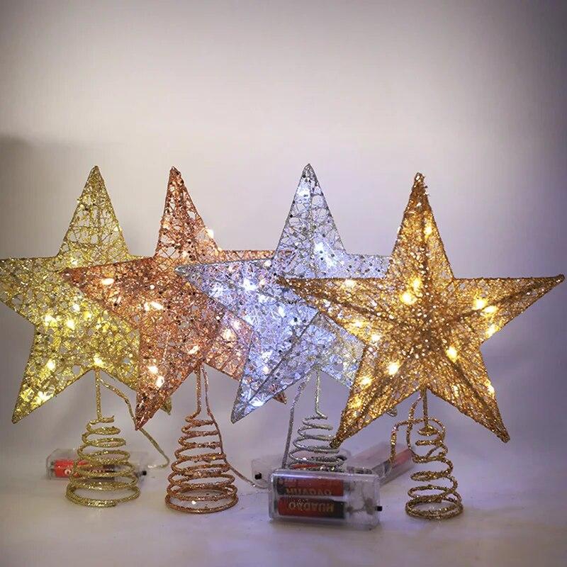 Iron Glitter Powder Christmas Tree Topper Star with LED Copper Wire Lights Merry Christmas Tree Decor for Home Navidad