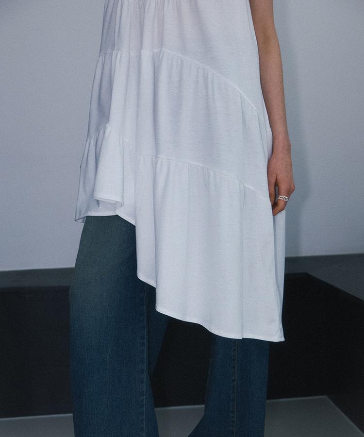 ROSEFRANTZ Unbalance Shirring Mini Dress [White]
