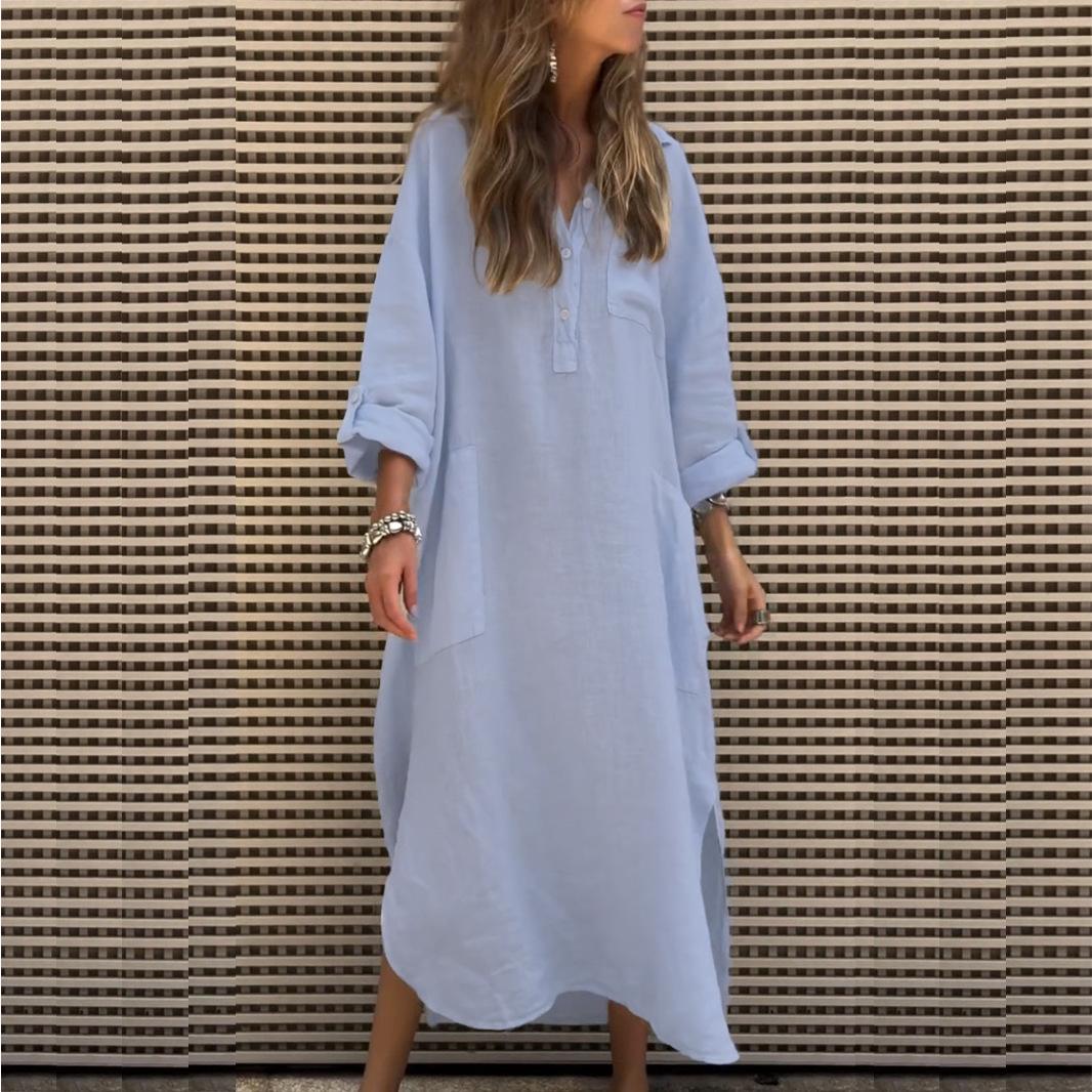 

Весенние и осенние женские платья, элегантные однотонные платья нестандартной формы, простые длинные платья с карманами на пуговицах 3XL светло-синий