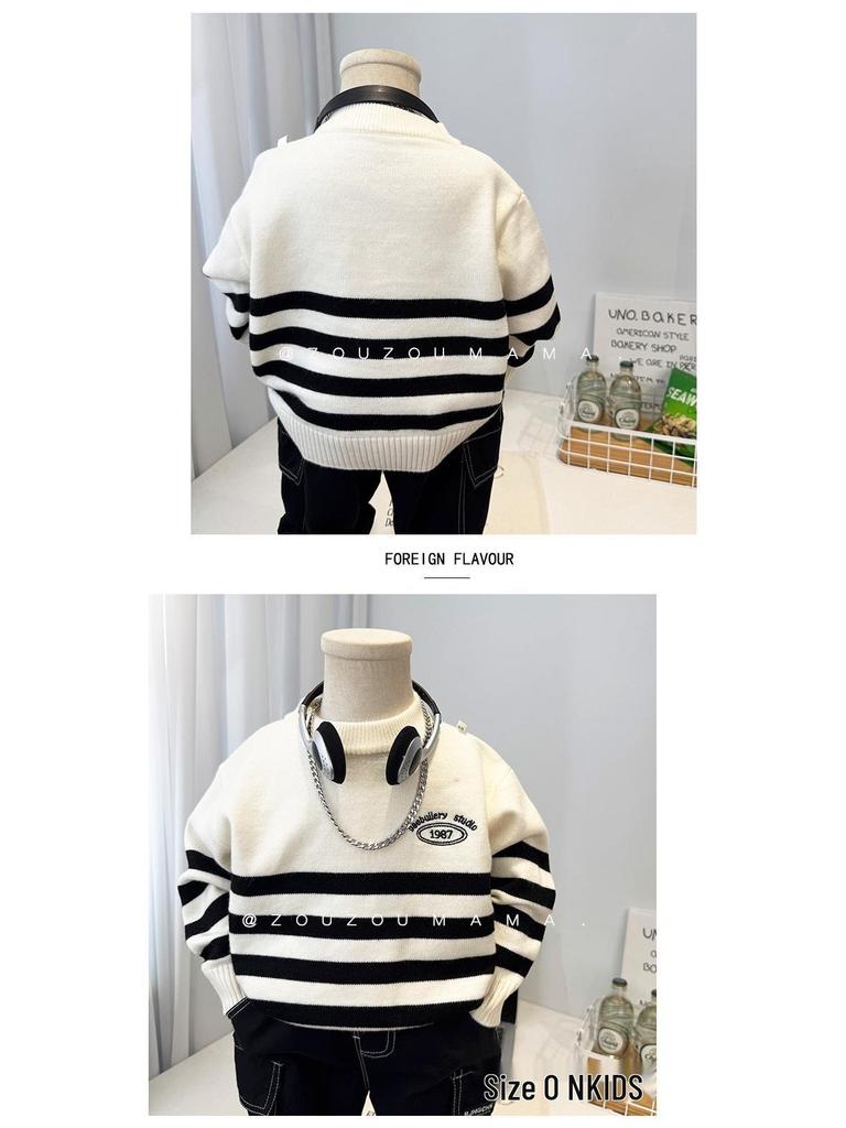 Striped Knit Sweater for Boys - Cozy Autumn/Winter 2025 Korean Style Pullover