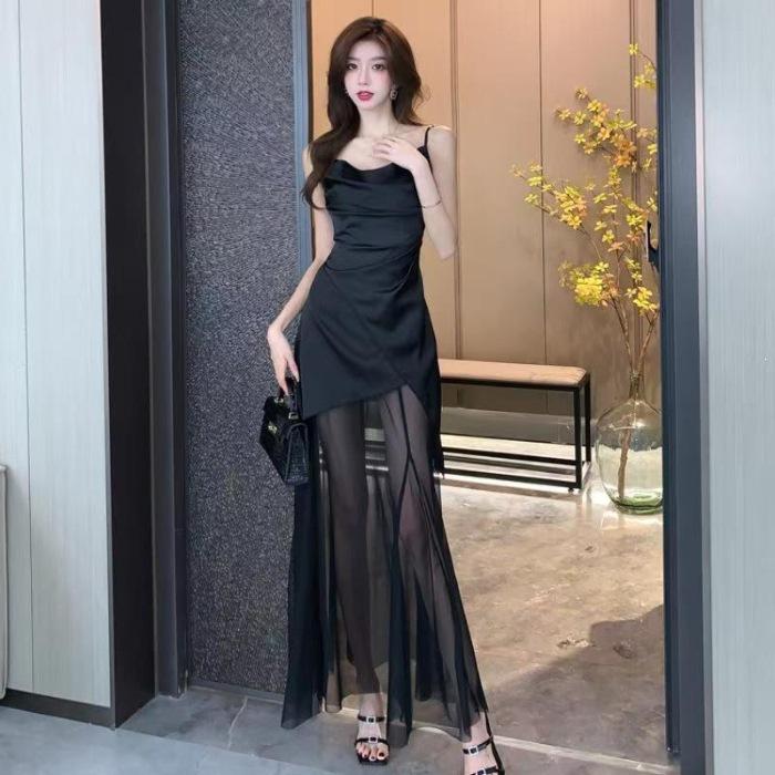Black Pleated Suspender Mesh Splicing Dress Female Summer Socialite Style Backless Dress Skirt Slim Irregular Long Dress