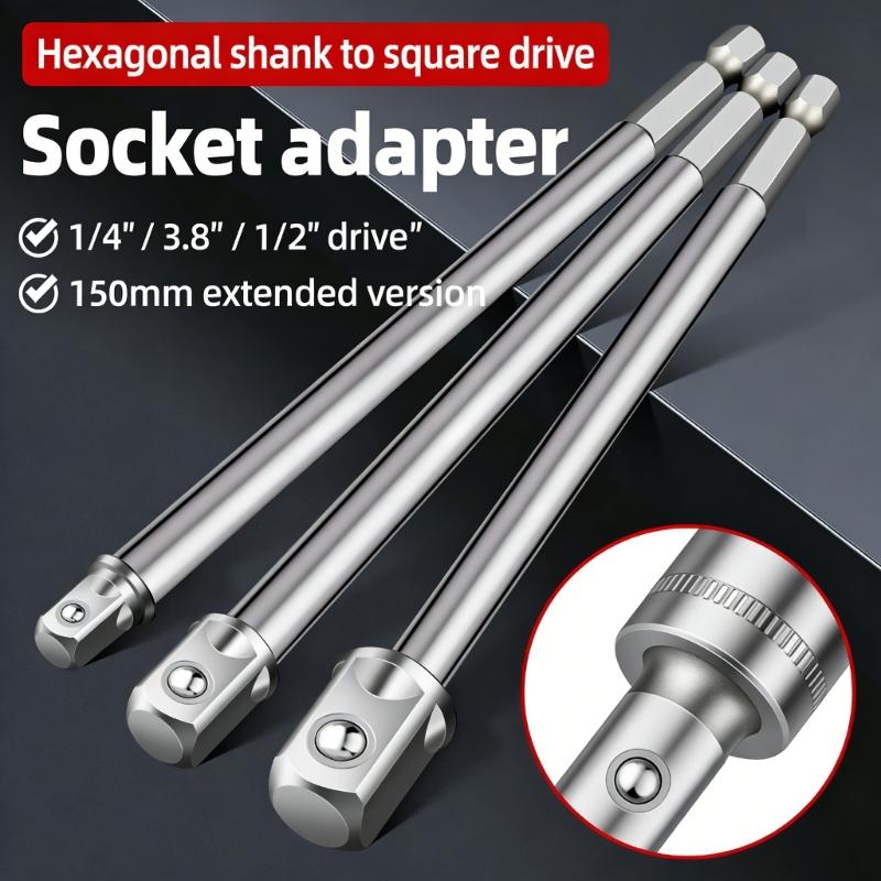 Pack Of 3 Hexagonal Shank Square Drive Socket Adapter Extension Bar 150mm 1/4", 3/8", 1/2" For Power Drill And Auto Repair