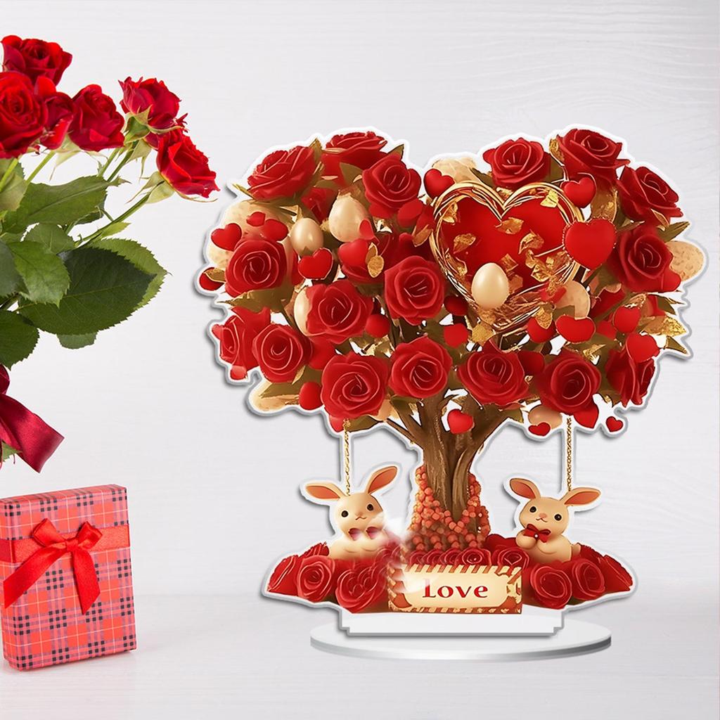 Valentine'S Day Flat Sign Table Decor 2d Acrylic Rose Tree With Heart Valentines Decorations For Home Decor Hot Ornaments