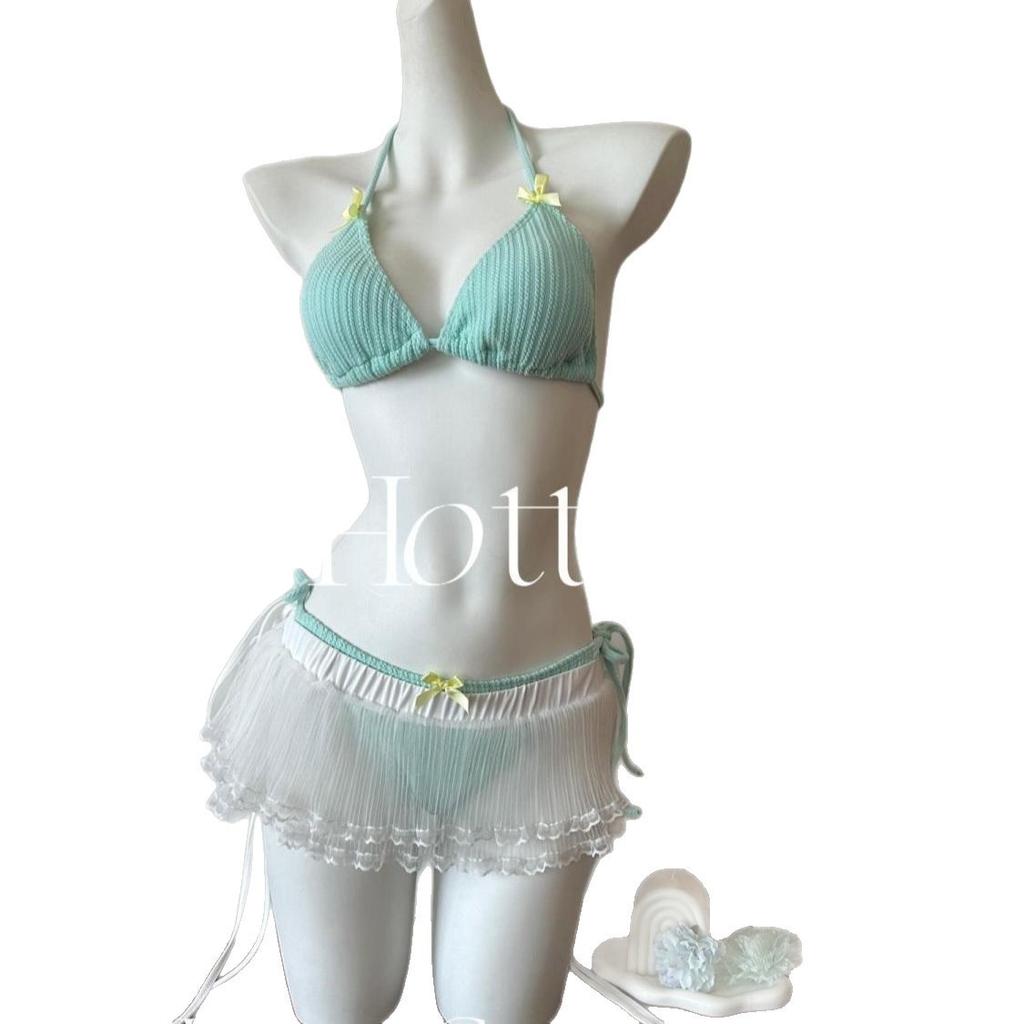 Ins Internet Celebrity Style Sexy White Yellow Bikini Three-point Strap Vacation Photo Lace Fart Curtain Pure Desire Wind