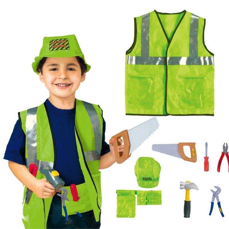 Kids Builder Worker Costume Halloween Fireman Dress up Outfits with Role Play Tool Accessories for Ages 3-12 Boy Girl