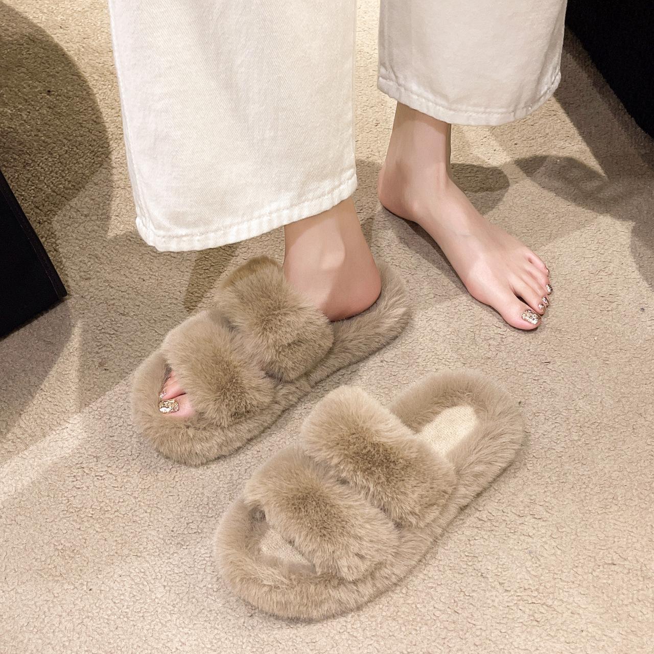 

European and American solid color large size 42 hairy slippers women wear 2024 autumn comfortable and versatile one-word home slippers women 42 хакі