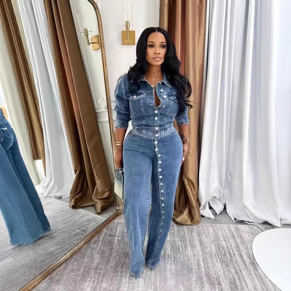 Women's Sexy High-Elastic Washed Denim Two-Piece Set with Row Buttons