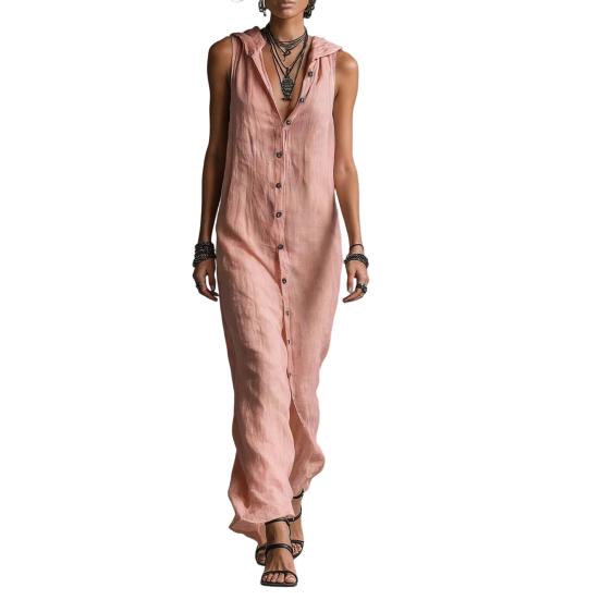 Hooded Sleeveless Maxi Dress for Women Button Down Casual Shirt Dress with Pockets Summer Beach Sweatshirt Long Dress