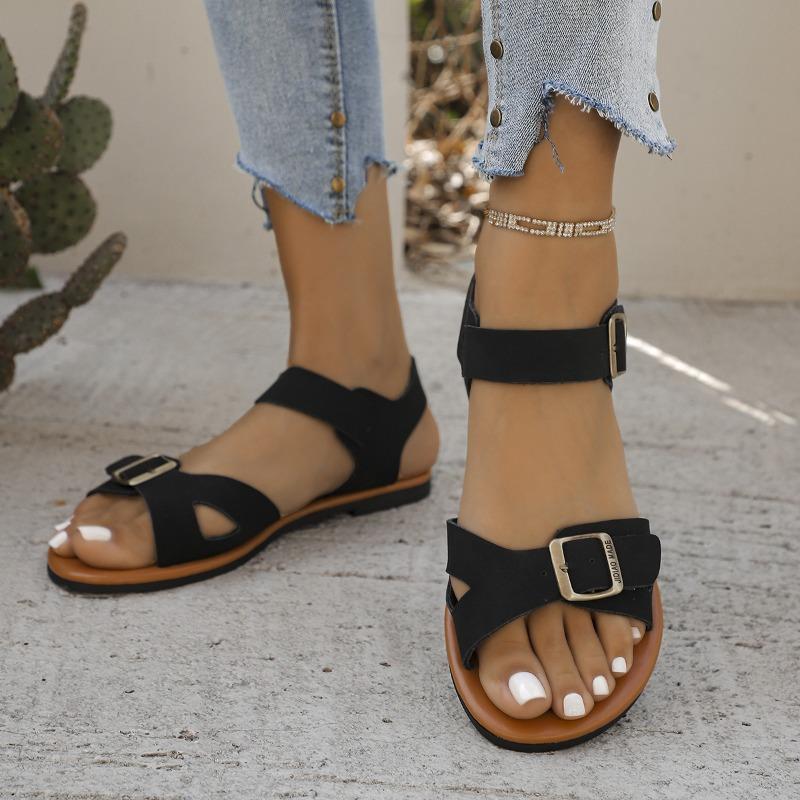 Zehensandalen in Übergröße mit flachem Absatz und Einzelriemen mit Schnalle - Damenschuhe