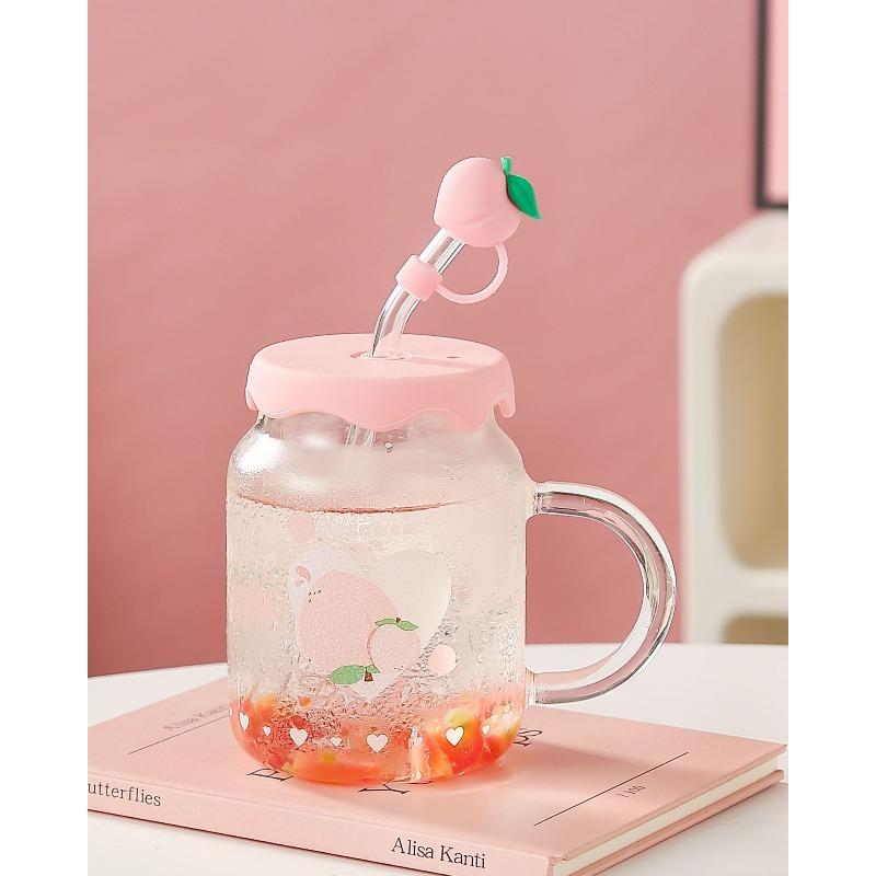 

Creative and Cute Peach Straw High Borosilicate Glass Cup Summer New High Appearance Level Ins Style Milk Cup 600ml