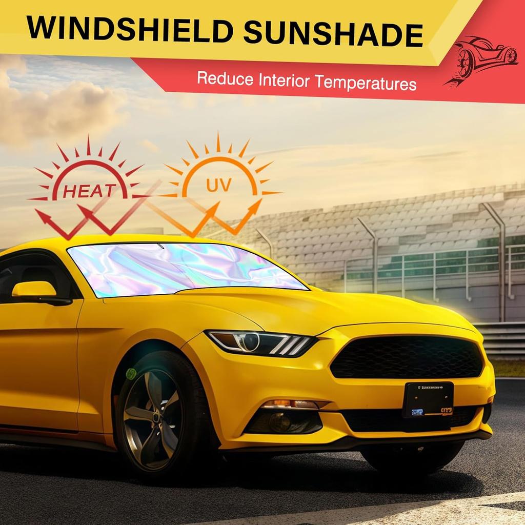 Iridescent Sun Shade for Car Windshield, Foldable Universal Car Windshield Upgrade Sunshade Enhanced UV Rays Reflective Sun Visor Shade Keeps Vehicle