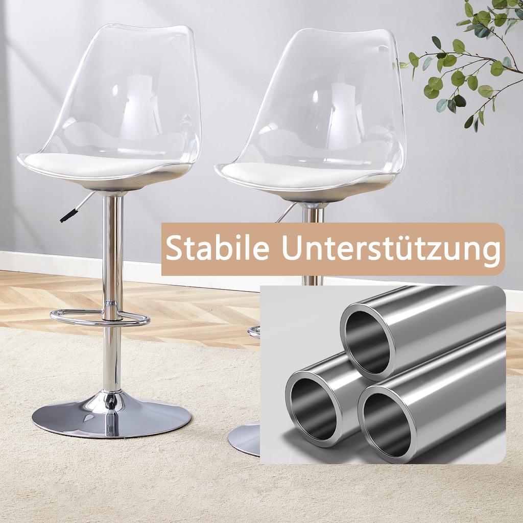 Modernes, verstellbares Barhocker-Set, 2 Stück, Rückenlehnen aus transparentem Kunststoff, Sitzfläche aus PU-Leder, Metallbeine, höhenverstellbar, 360 Grad drehbar
