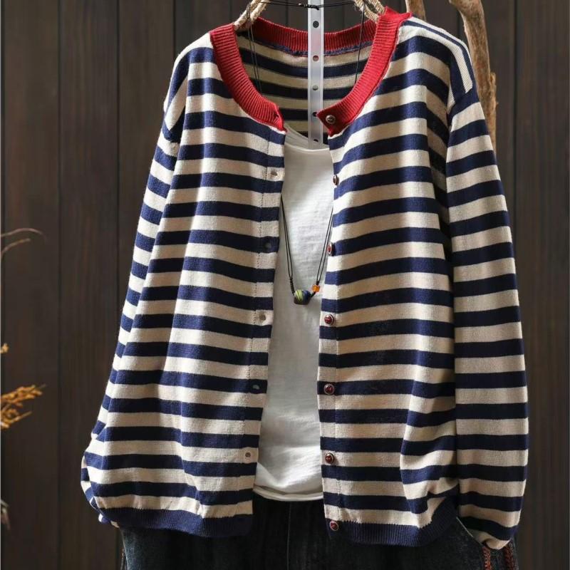 

Johnature Женские Винтажные Полосатые Свитеры с Круглым Вырезом и Длинным Рукавом, Вязаные Мягкие Осенние С Пуговицами, Повседневные Женские Свитеры One Size синий