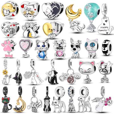 Heart Beads Cute Dog Cat Charms Copper Fit Original Pan Bracelet Diy Pet Paw Print Animal Beads For Bangle Making Fine Gift