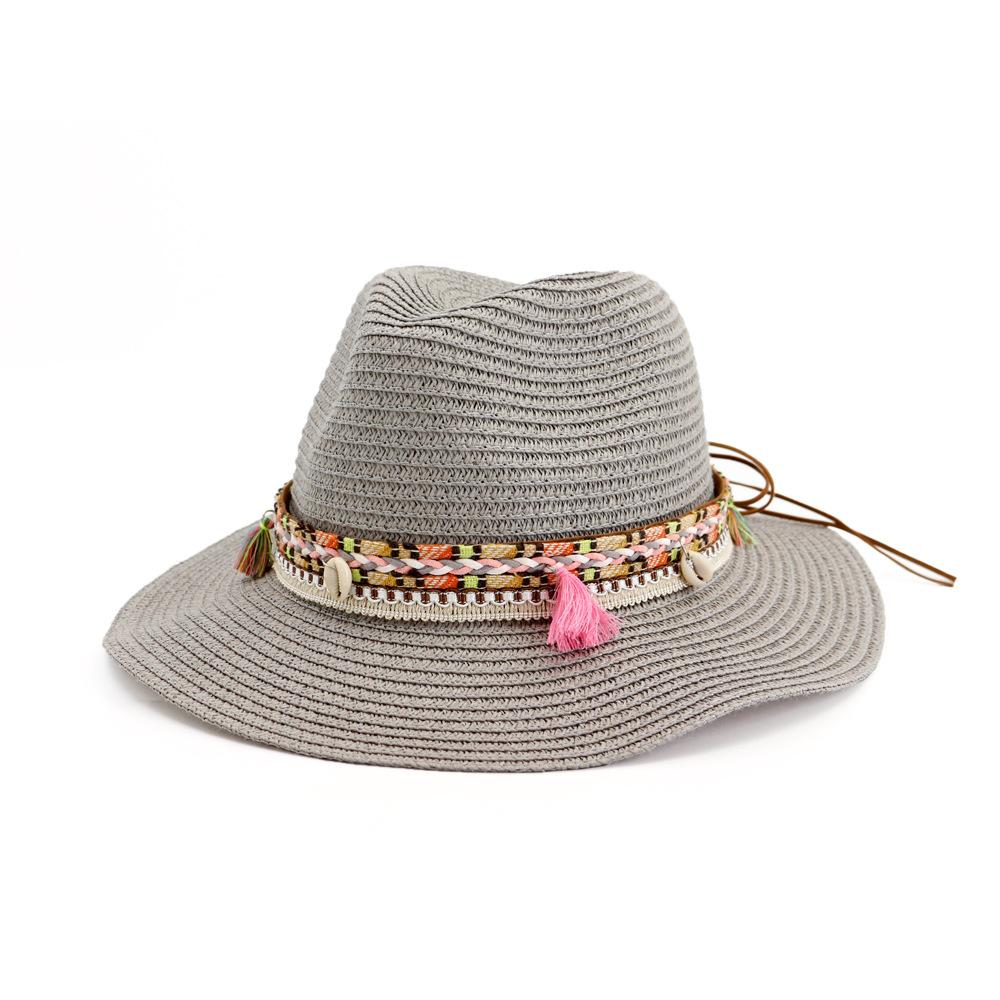 

Black Women Straw Sun Hat Solid Grey Ladies Elegant Panama Jazz Hat Beach Weave Spring Summer Female Fedora Hat with Tassel Gray 56-58 сірий