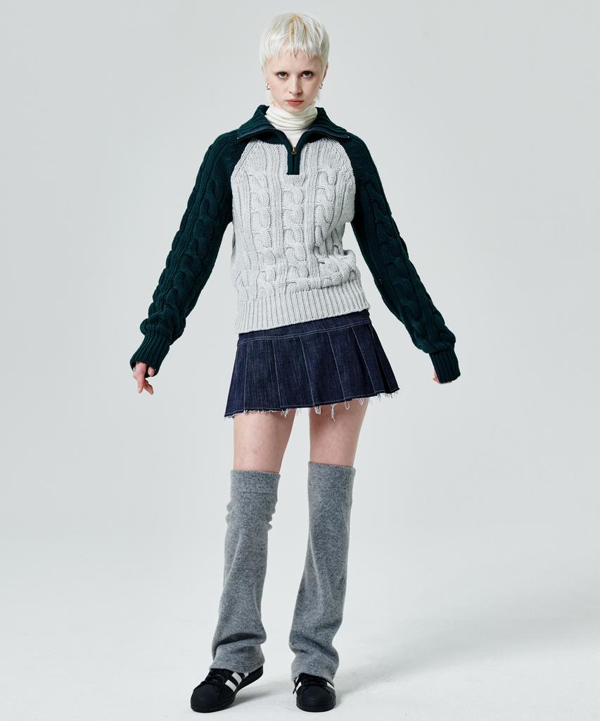 Leoninghai Color Block Turtleneck Zip-Up Knit Pullover [Green]
