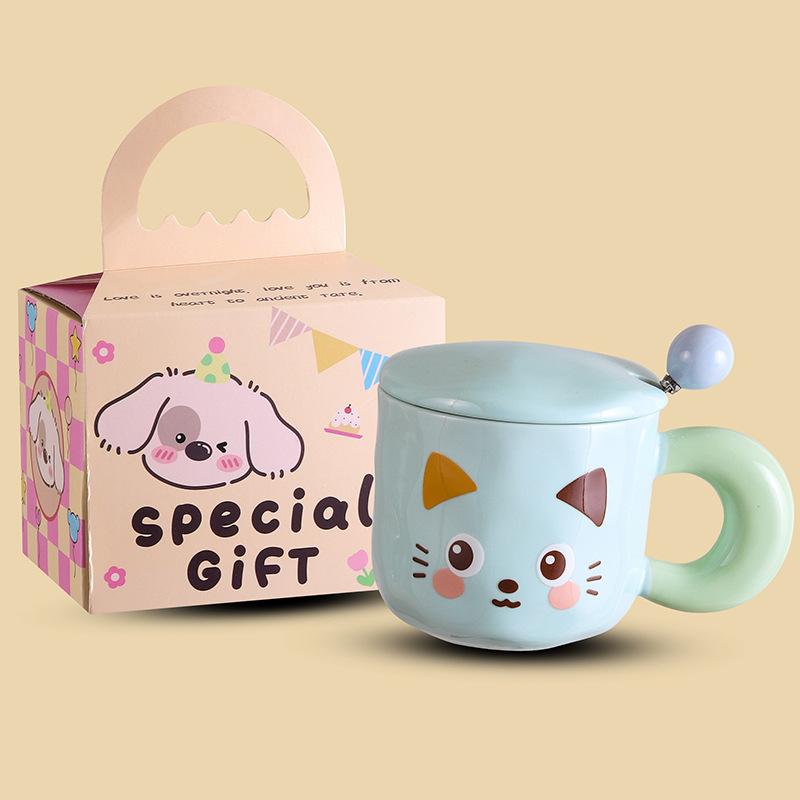 

Cute Kitten Mug with Lid, Ceramic Water Cup, Cartoon Birthday Gift, High-value Appearance, Meaningful Present 401-500ml синий