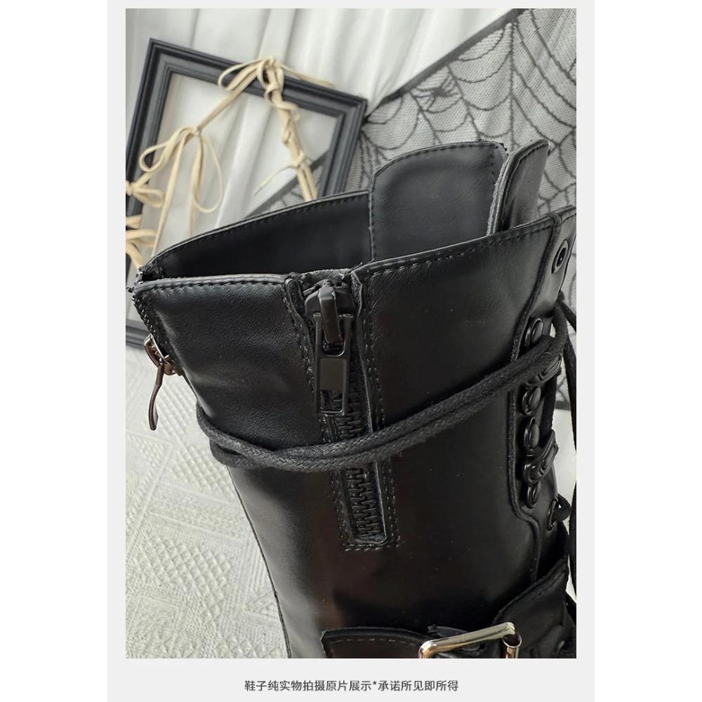 Women's Genuine Leather Platform Punk Spice Girls Short Functional Wind Medium Boots 7cm