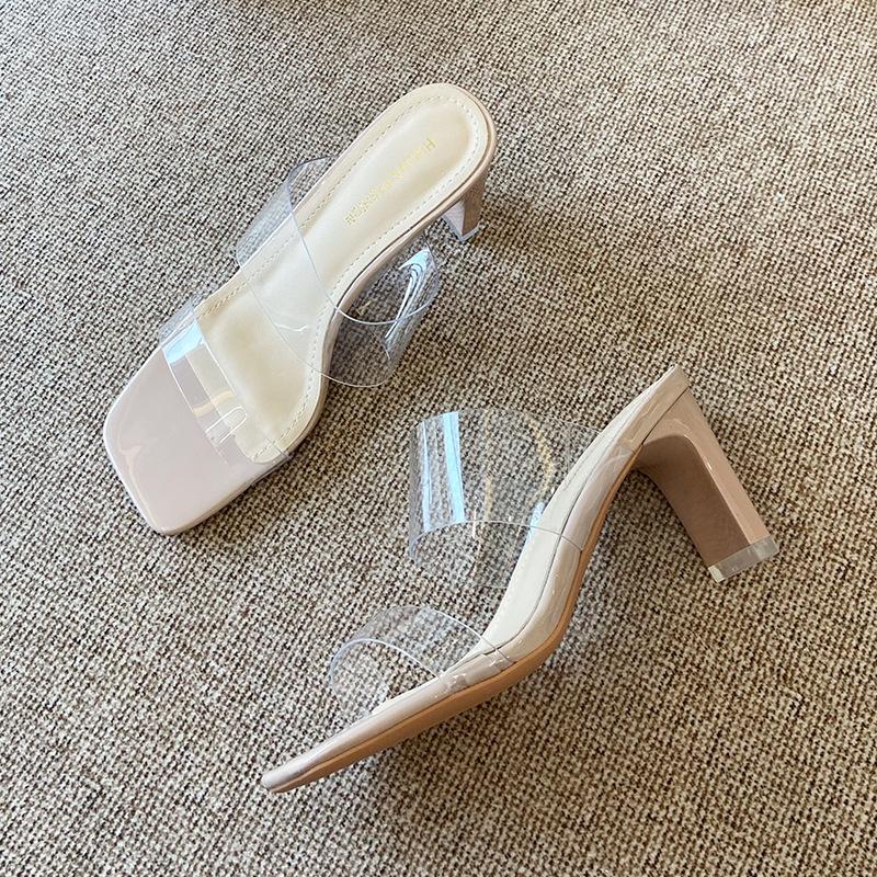 X281-2 sandals women's 2025 fashion new spring and summer outer wear one-word transparent thick heel solid color high heel cool slippers
