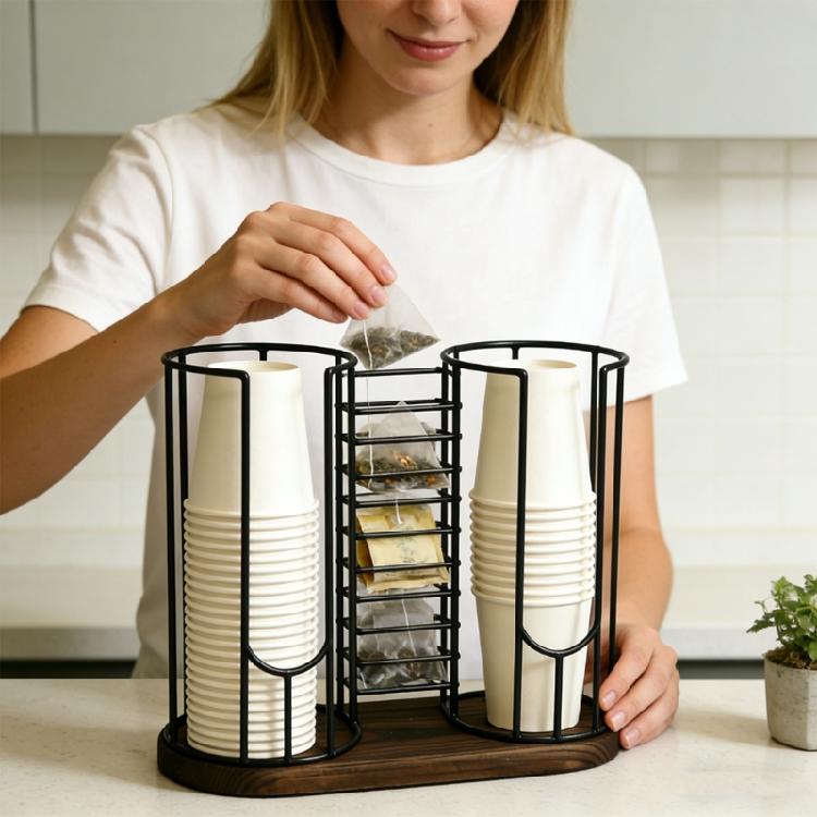Modern Cup Stand With Wooden Factors Appropriate For Storing Mugs Tea Sachets And Coffee Items