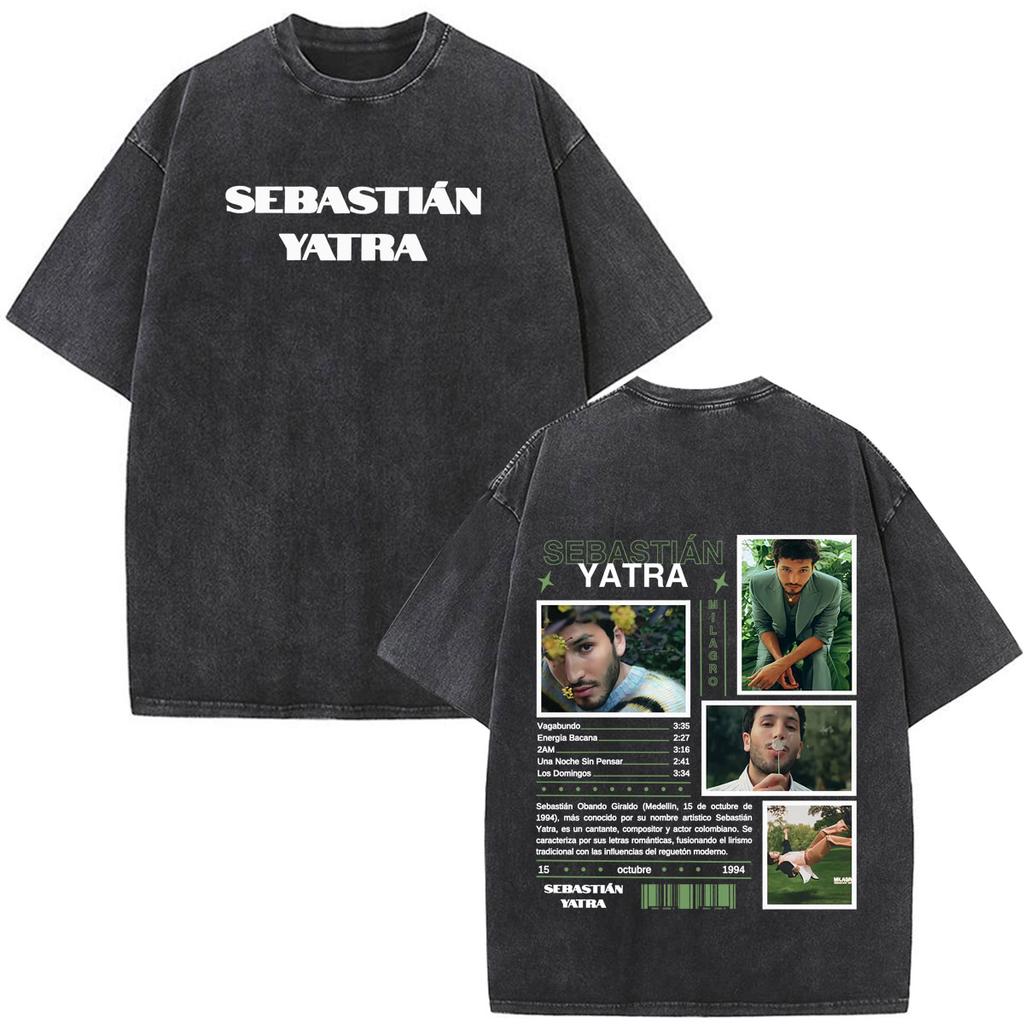 Singer SEBASTIAN YATRA Entre Tanta Gente Tour Print T Shirt Unisex Cotton Casual Vintage Washed Oversized Tshirts Streetwear