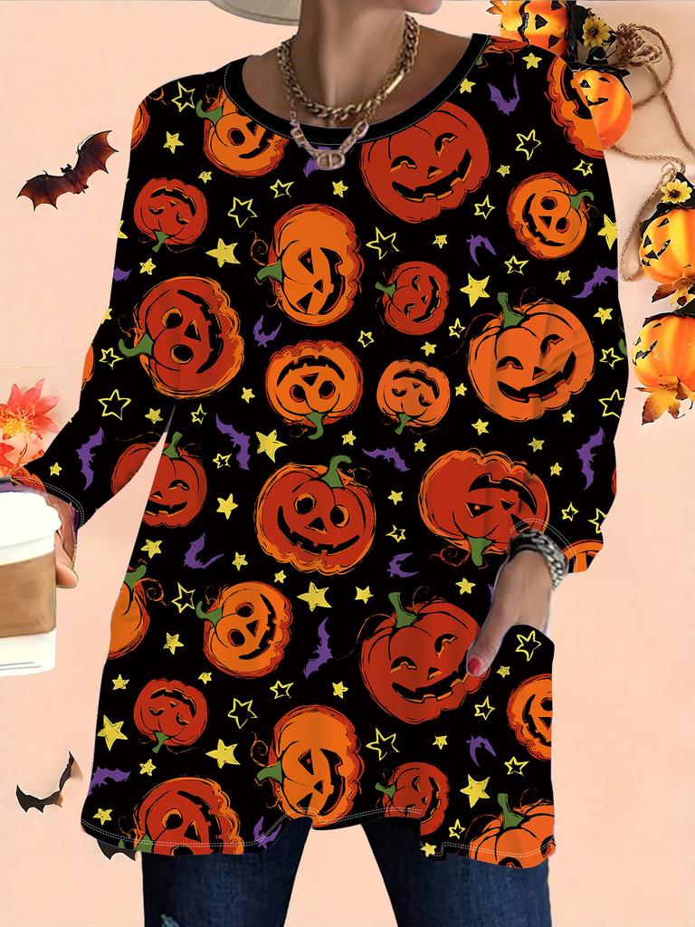 2025 Autumn Winter New Plus Size Women's Tops, Halloween 3D Print Fashion Crew Neck Long Sleeve T-Shirts