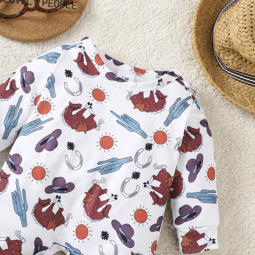 1-24 Months Baby Boy Cowboy Pattern All-over Print Jumpsuit Long Sleeve Romper
