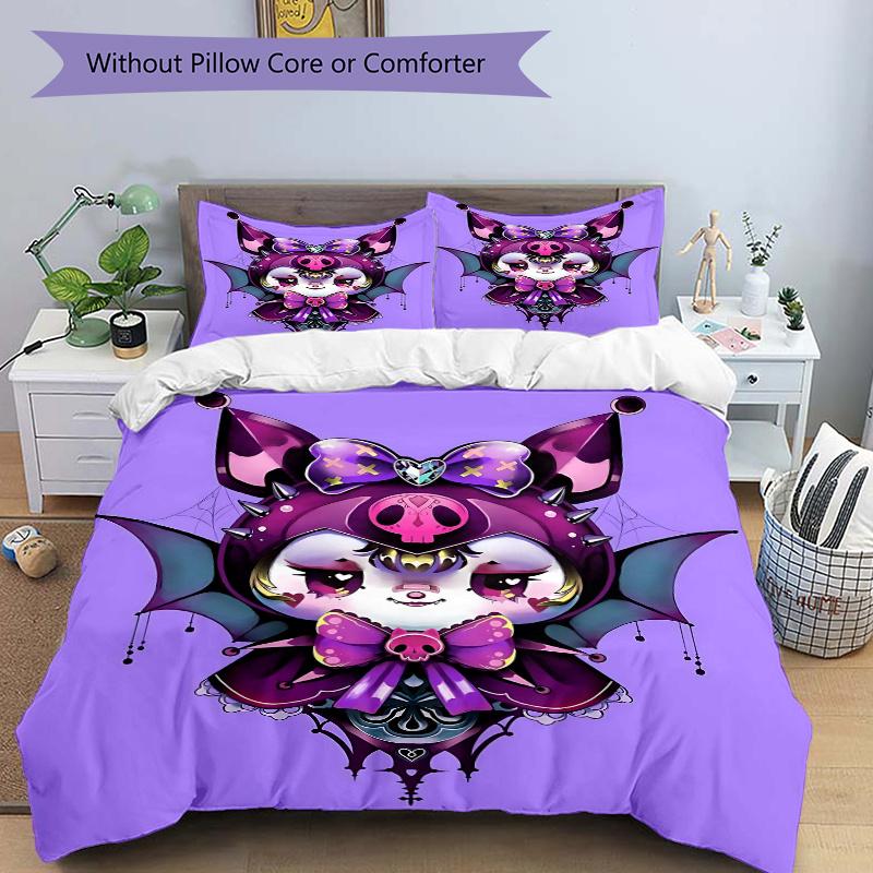 3pcs Kuromi Bat Print Bedding Set (1 Cover + 2 Pillowcases, Without Inserts), This Printed Bedding Set is Soft and Comfortable, Suitable for