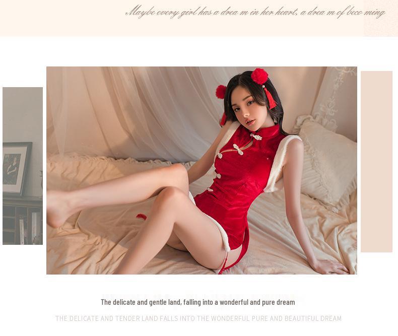 Retro Christmas Cheongsam Lingerie: Cute Red Backless New Year Doll Dress