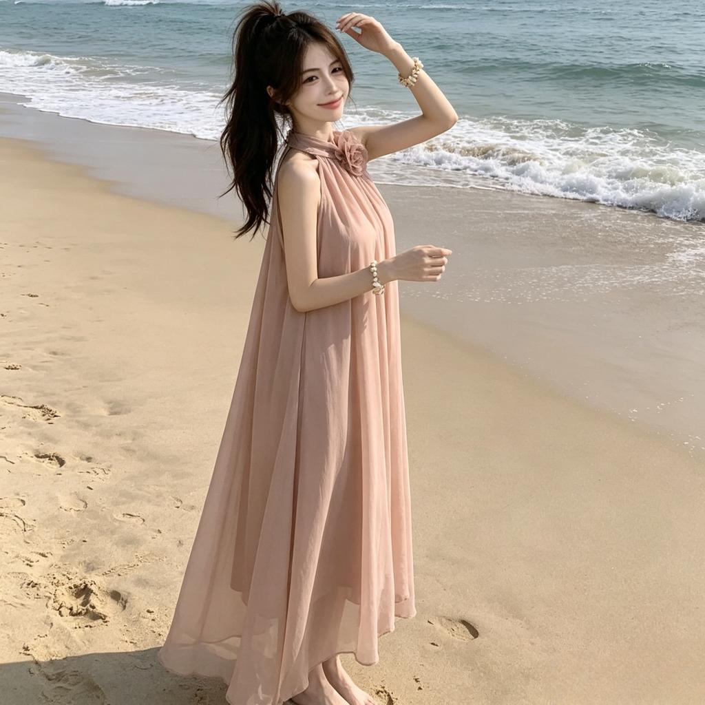 Design sense loose flower neck sleeveless dress fairy summer gentle wind French off-the-shoulder skirt long dress tide
