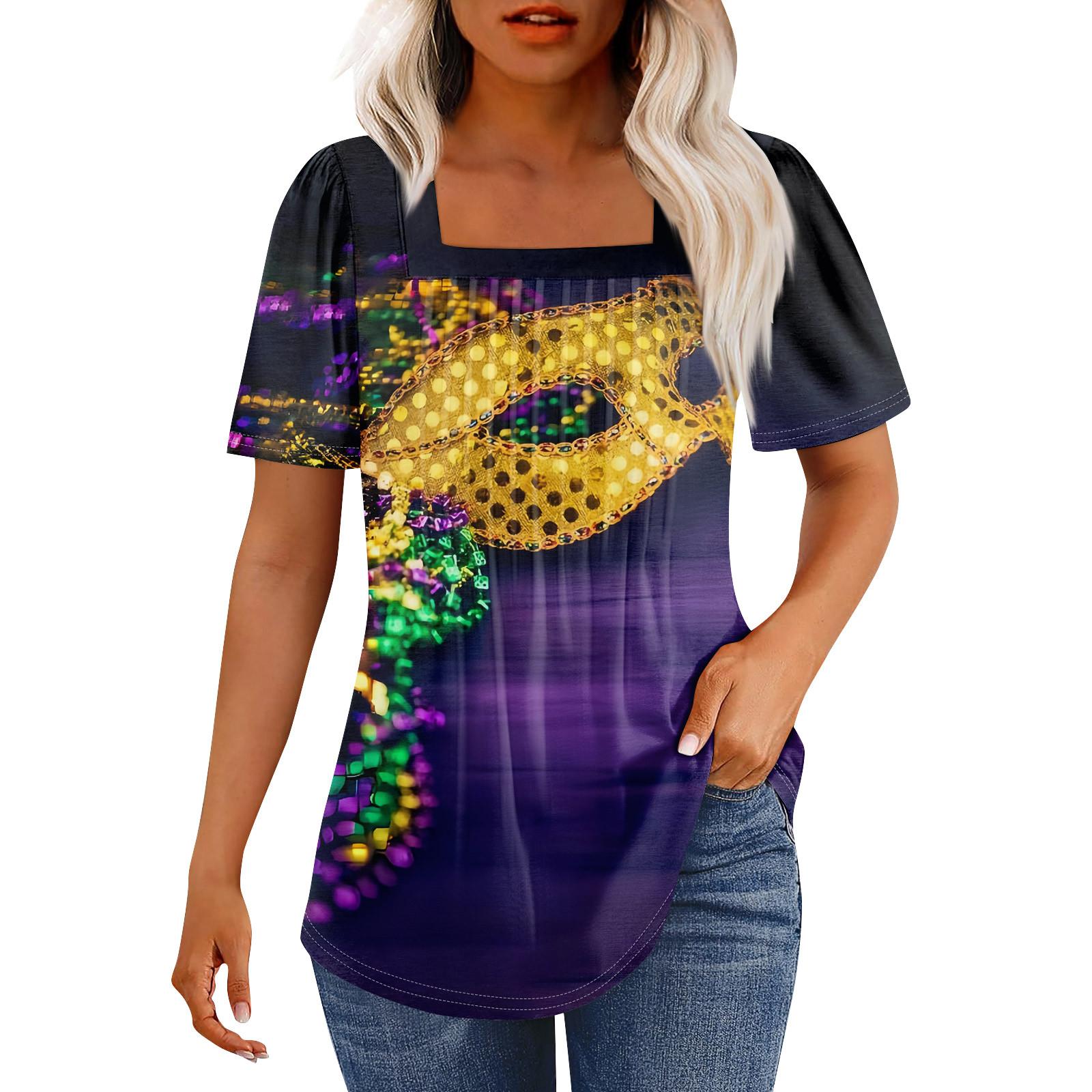 

Футболки для женщин, плиссированные, с квадратным вырезом, нарядные, повседневные, блузки с принтом, с коротким рукавом, летние топы свободного кроя XXXL фиолетовый