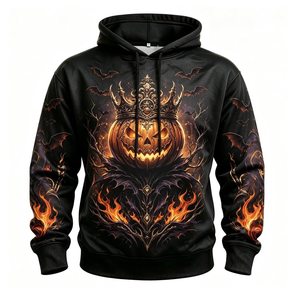 Women's Skeleton Raven Red Rose Pentagram Full Print Hoodie Halloween Gothic Long Sleeve Drawstring Sweatshirt For Streetwear