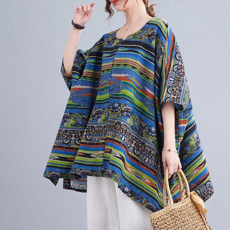 Autumn Blouse Casual Lady T-Shirt Women Oversize Vintage Top Loose Bat Striped Large Size
