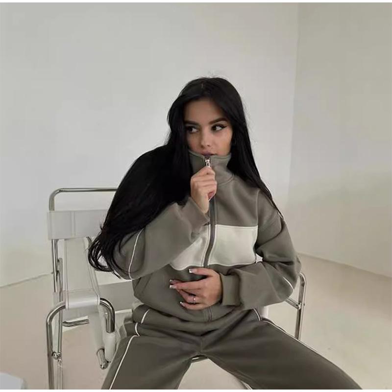 Loose Tracksuit Women Trouser Suits Loose Contrast Zipper Sweat Jacket Stripe Sweatpants Female 2 Piece Set  Autumn Lady Outwear