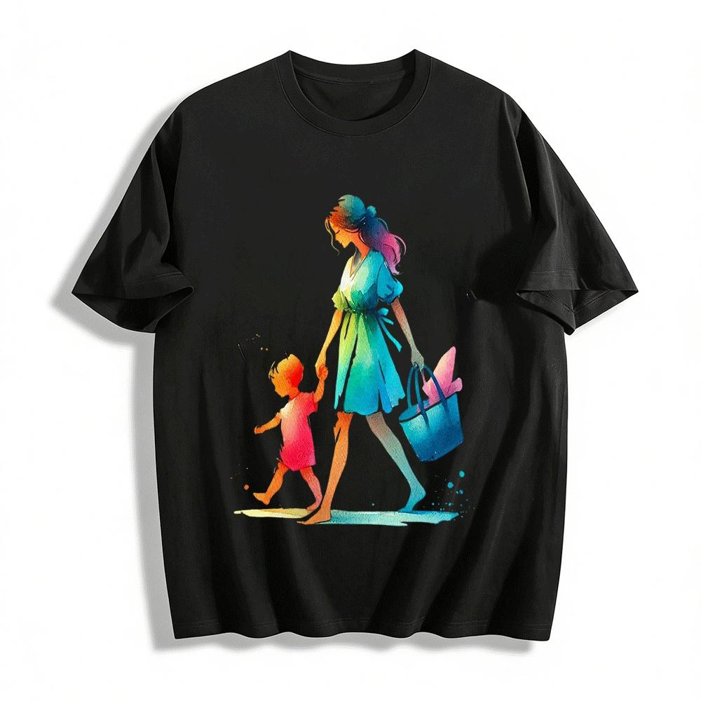 

Watercolor Print Casual T-Shirt Mother And Child Walking Hand In Hand Pure cotton T-shirt XXS