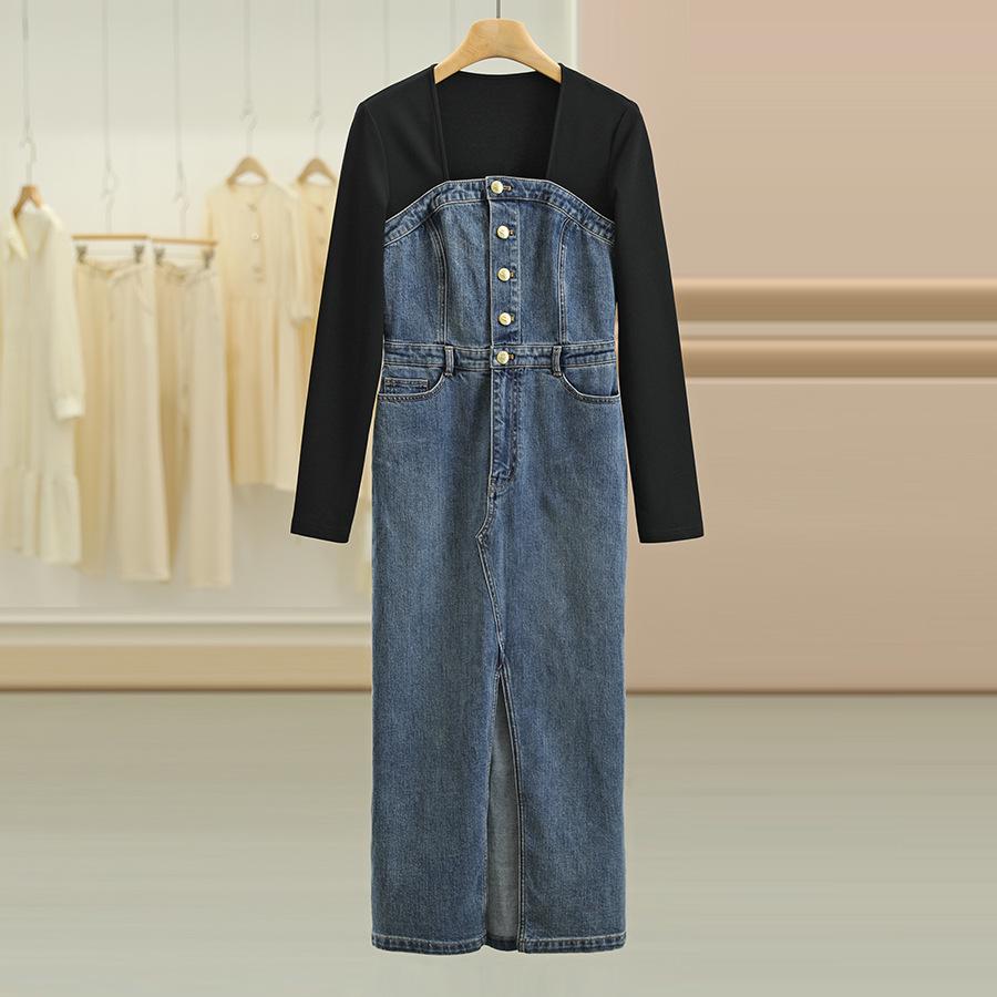 

Sancai Denim Patchwork Dress - Faux Two-Piece Design for Autumn Small синий