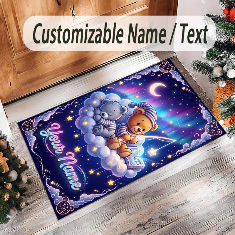 Teddy Bear Theme Crystal Velvet Rug Personalized Custom Name Text Soft Floor Mat Home Decor