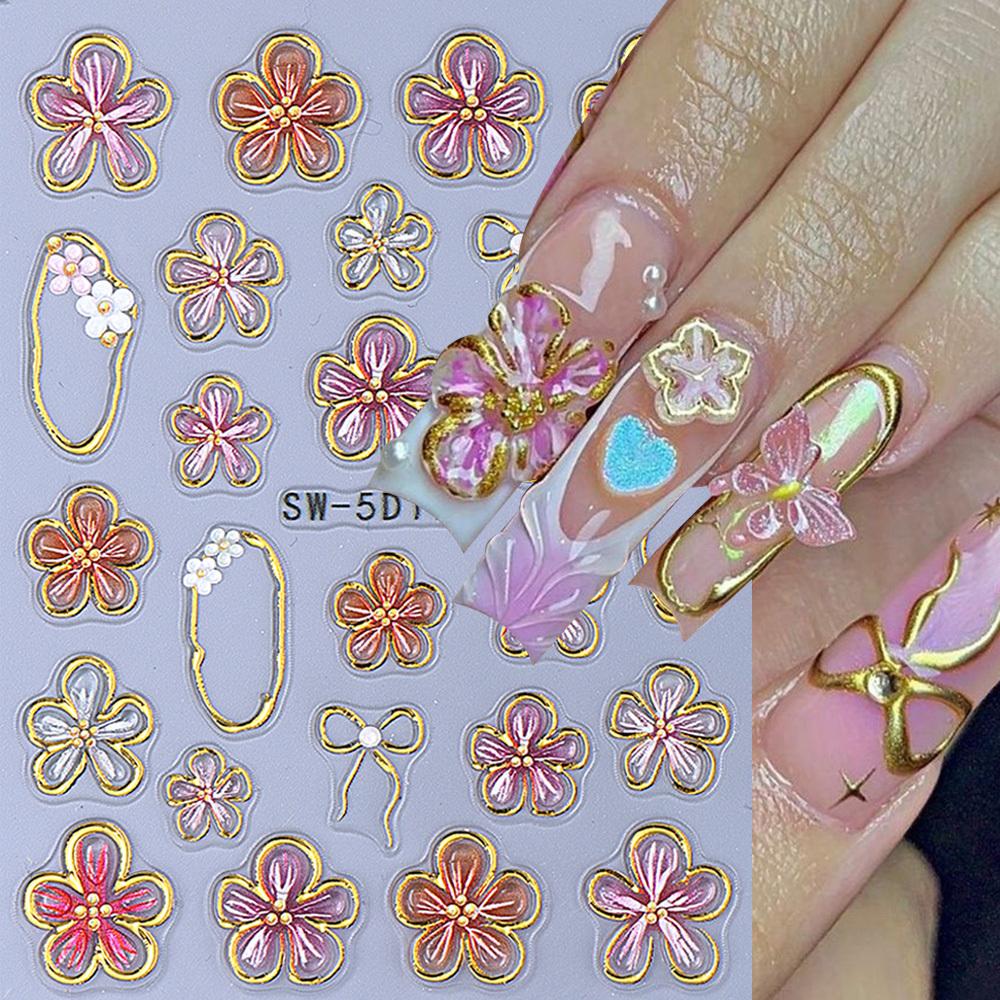 1pc Embossed Floral Nail Stickers - Translucent Flower Bows with Golden Glitter Accents, Self-Adhesive Glossy Nail Art Decals