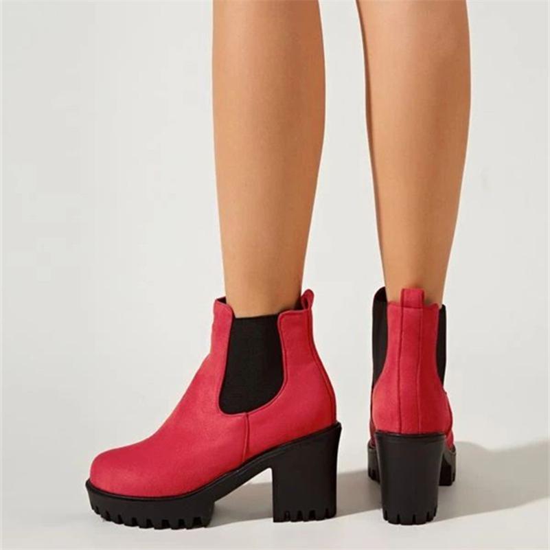FOREADA Women Ankle Boots Round Toe Chunky High Heels Platform Chelsea Boots Concise Short Boots Ladies Fashion Shoes Winter 43