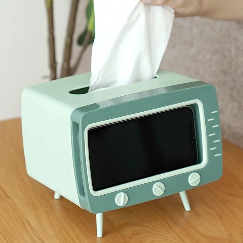 Kreative 2-in-1-Tissue-Box für Fernseher, Papierhalter für den Schreibtisch, Spender, Aufbewahrung, Serviettenetui, Organizer mit Handyhalter