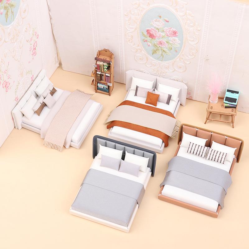 

Dollhouse New Cream Style Double Bed Model Micro Scene Model Miniature Furniture Dolls Accessory Simulated Furniture Ornament One Size