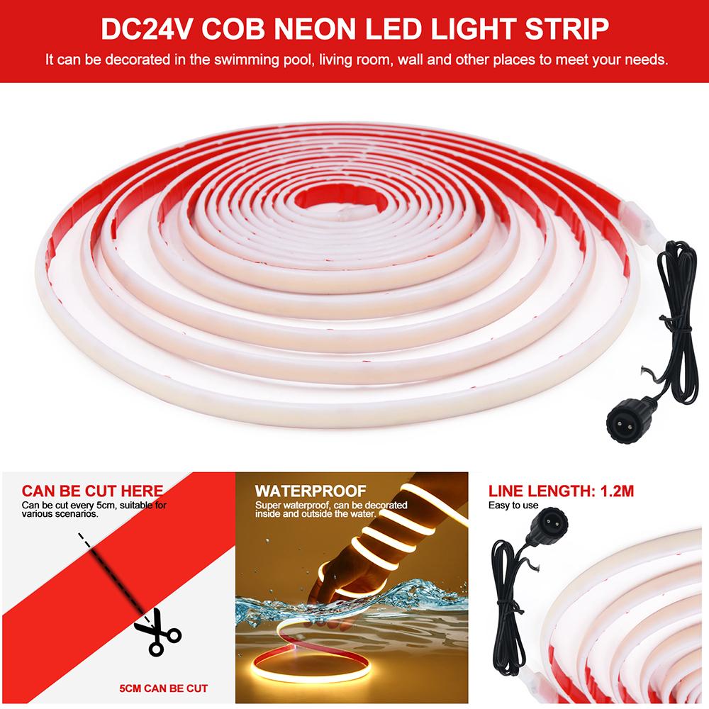 Solar COB Neon Light Strip 24V Ribbon Tape High Density Waterproof Red Green Blue Warm Natural White 320LEDs/M Flex Garden Decor