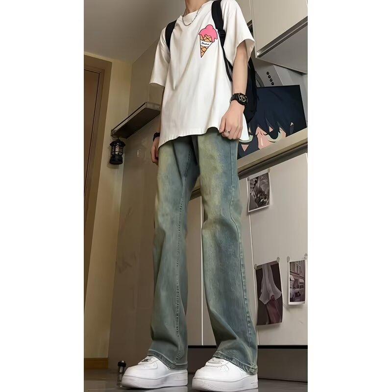 

Men s Casual Streetwear Style Solid Beige Wide Leg Straight Denim Pants S синій