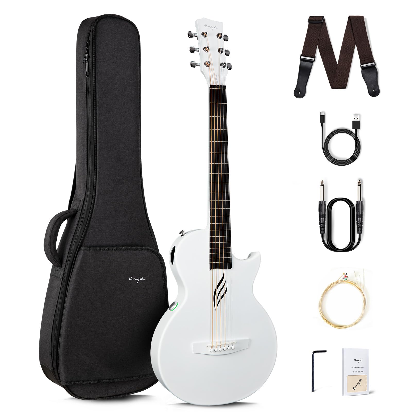 Акустоэлектрическая гитара Enya Nova Go SP1, мини-гитара из углеволокна со звукоснимателем AcousticPlus, в комплекте гитарный чехол и ремень (белый)