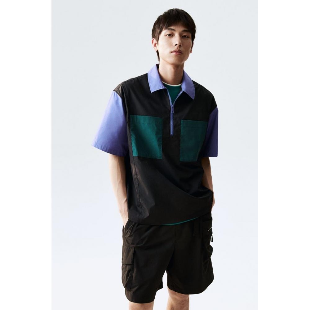 H M Loose Fit Zip Top sHirt Black Dark Turquoise