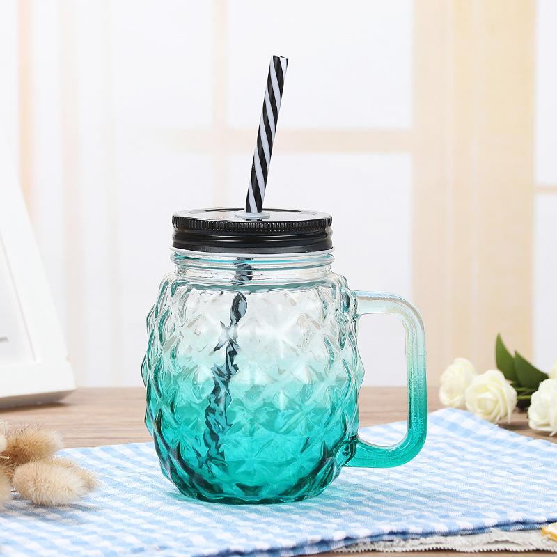Creative Mason Cup Gradient Glass Drink Pineapple Water Cup with Lid Straw Cup Handle Cup